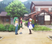 Keiichi and his classmates in the town of Hinamizawa